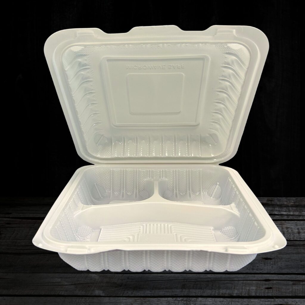 MFPP Clamshell Food Container 9×9 3 Compt 150 pcs White