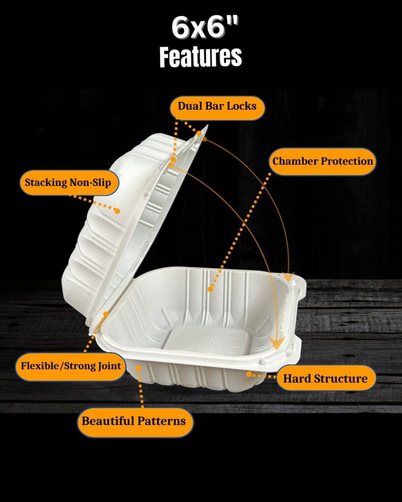 Detail features of 6x6 MFPP Takeout Containers 1 Compartment Dual Lock