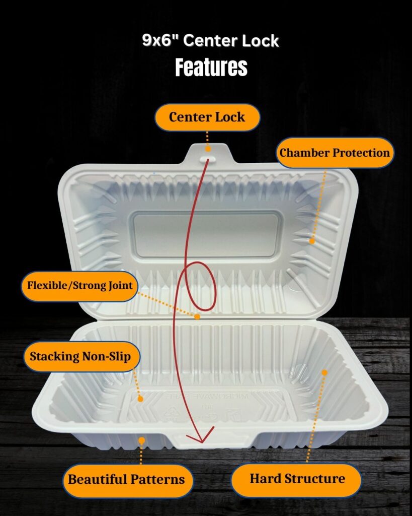 Detailed Features of 9x6 center lock MFPP Takeout Containers 1 Compartment