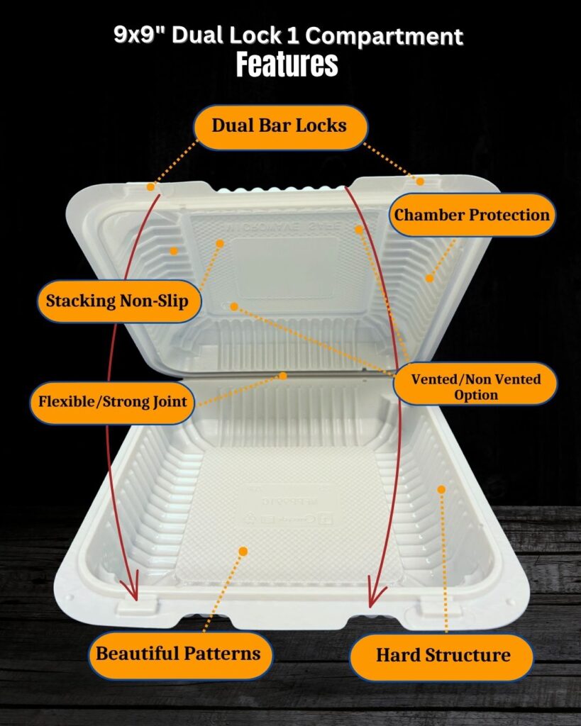 Details features of of 9x9 MFPP Takeout Containers 1 Compartment Center Lock