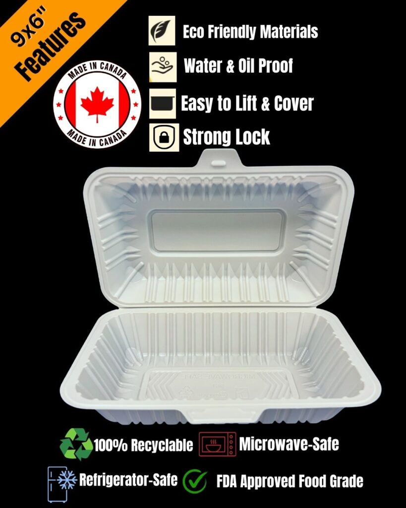 Features of 9x6 center lock MFPP Takeout Containers 1 Compartment