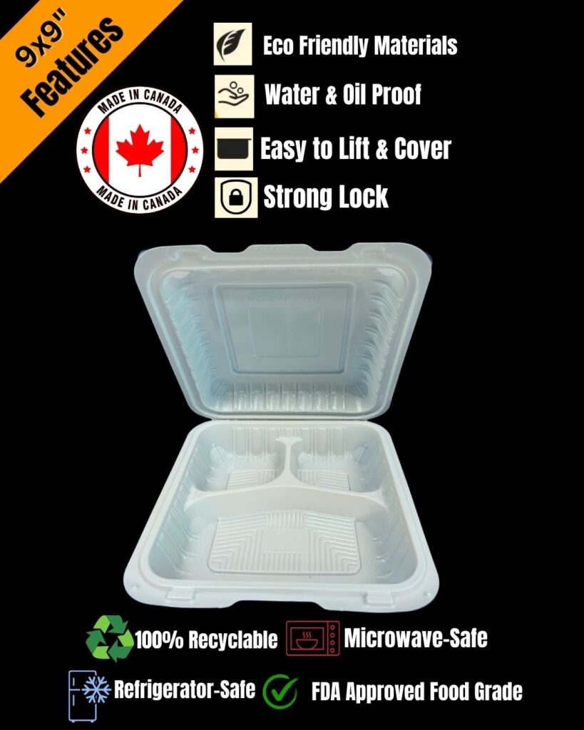 Features of 9x9 3 compt MFPP Takeout Containers 1 Compartment Dual Lock