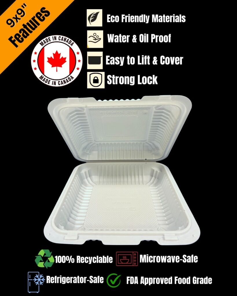 Features of 9x9 MFPP Takeout Containers 1 Compartment Center Lock