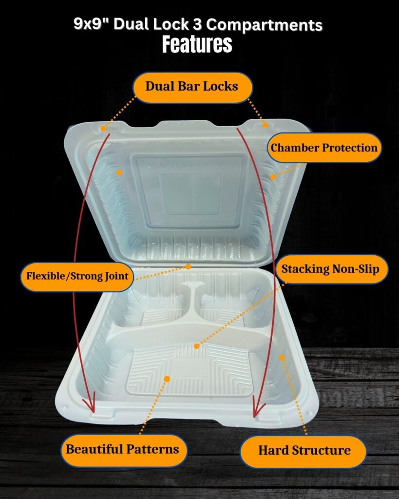 Graphic details of 9x9 3 compt MFPP Takeout Containers 1 Compartment Dual Lock