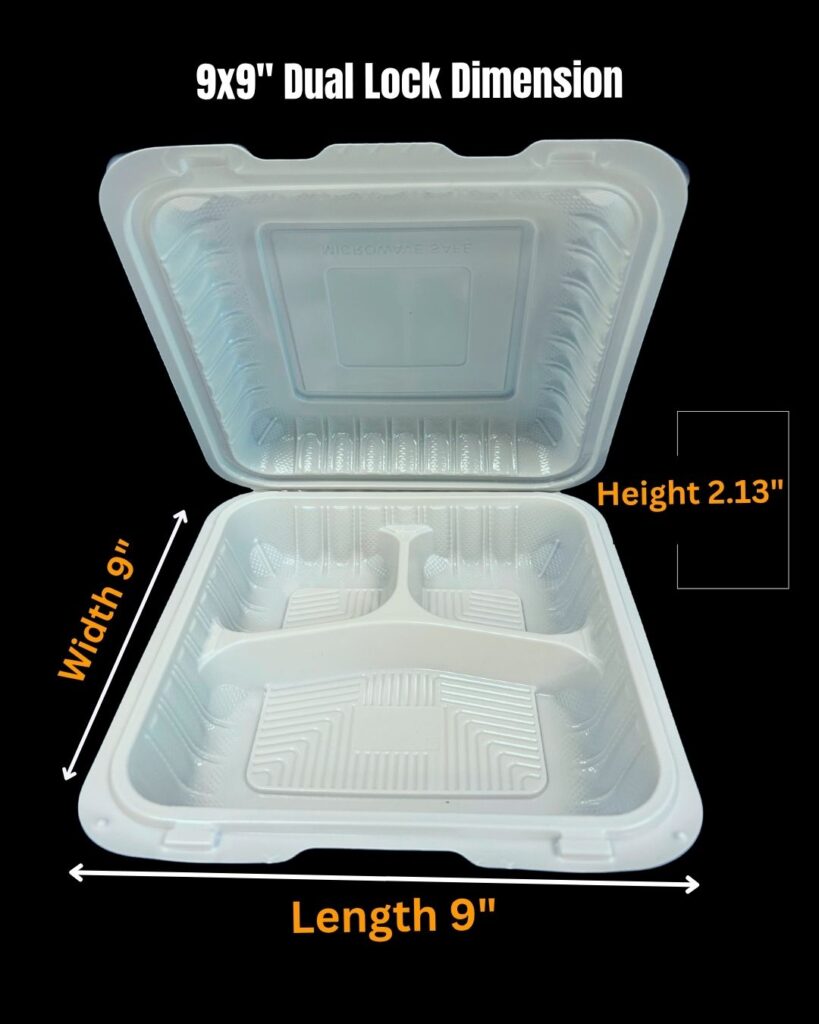 Size 9x9 3 compt MFPP Takeout Containers 1 Compartment Dual Lock